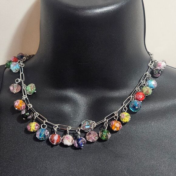 Paperclip Glass Bead Necklace Choker Rainbow Art Teacher Handmade 16" - Picture 1 of 4